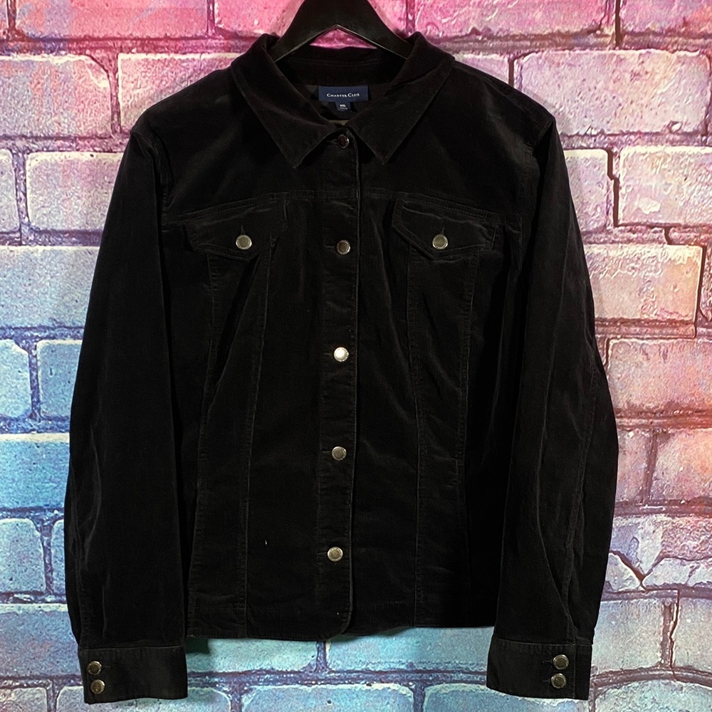 Charter Club Black Corduroy Jacket Women's XXL Snap Button Casual Fall Outerwear